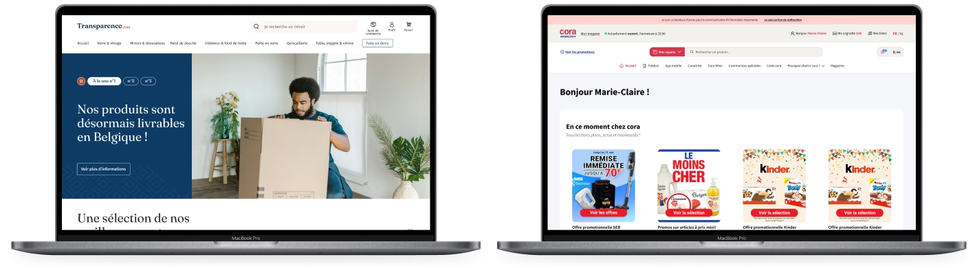 Deux ordinateurs portable l'un affichant la page d'accueil du site e-commerce Transparence et l'autre du site e-commerce Cora.