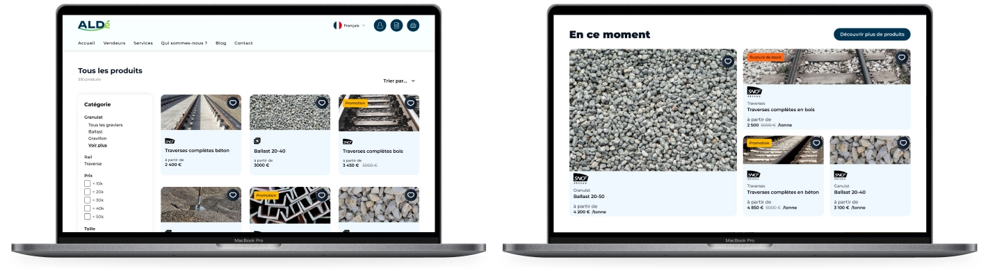 Deux ordinateurs portable l'un affichant la page d'accueil du site marketplace ALDé et l'autre affichant une fiche produit.