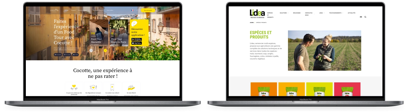 Deux ordinateurs portable l'un affichant la page d'accueil du site Cocotte et l'autre du site Lidea.